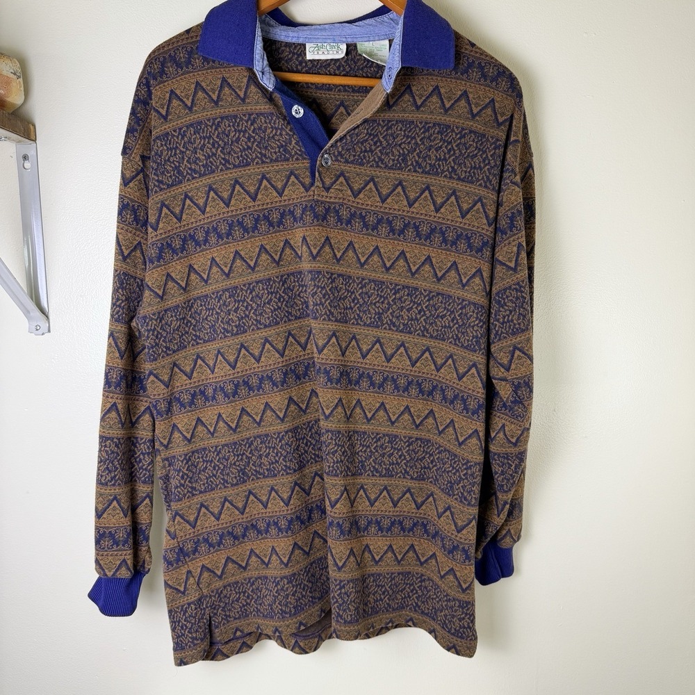 Vtg Ash Creek Trading Polo Mens Geometric Long Sleeve Shirt Sz L Dad Core